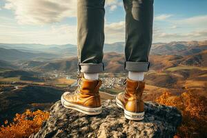 close view the legs of a young man standing on a hill. Generative AI photo