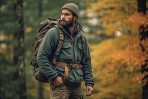Handsome bearded man with backpack in the autumn forest. Travel and adventure concept. photo
