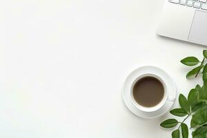 Office desk table with keyboard and coffee cup. Top view with copy space. Generative AI photo