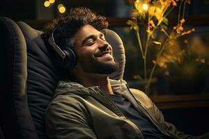 joven hombre en auriculares escuchando a música a hogar. hombre sentado en sofá. generativo ai foto