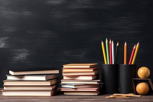 Bookshelf and vintage writing desk with books and decorations on black background. Generative AI photo