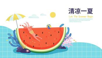 Cute illustration of an Asian boy diving into a huge slice of watermelon. Concept of swimming in summer. Text, Cooling off on hot summer. vector