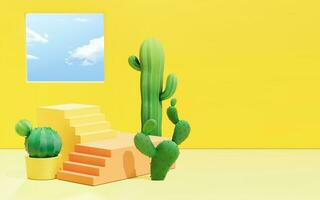 3d minimal yellow scene design with stair stage and cactus pots. Background suitable for summer product display. vector