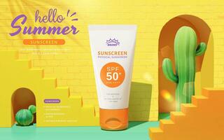 3d anuncio modelo para verano protección de la piel producto mostrar. protector solar tubo siendo conjunto en frente de amarillo ladrillo pared y escaleras. vector