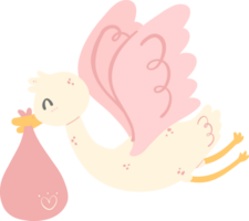 Cute baby shower, stork with baby girl newborn cartoon doodle flat design illustration. png