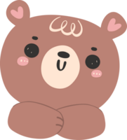 fofa feliz sorrir Castanho Urso face com mãos, kawaii animal bosque desenho animado rabisco plano Projeto. png