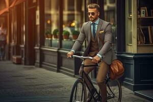 hermoso joven hombre en traje y Corbata montando bicicleta en ciudad. generativo ai foto