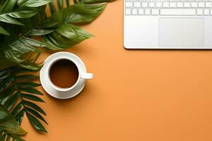 Office desk table with keyboard and coffee cup. Top view with copy space. Generative AI photo