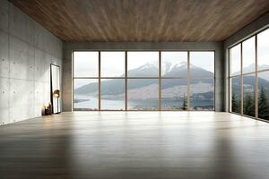 Empty room with panoramic window and mountain view. Generative AI photo