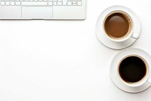 Office desk table with keyboard and coffee cup. Top view with copy space. Generative AI photo