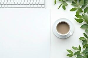 Office desk table with keyboard and coffee cup. Top view with copy space. Generative AI photo