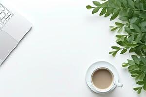 Office desk table with keyboard and coffee cup. Top view with copy space. Generative AI photo