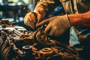 Close-up of mechanic hands repairing car engine in auto repair shop. Generative AI photo