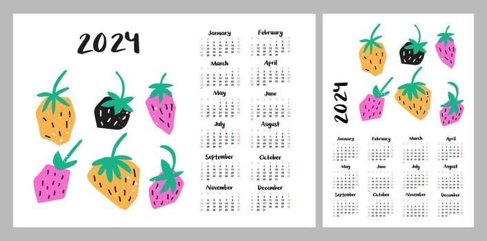 Calendar layout for 2024. Abstract illustration of strawberries. Minimalistic monthly plan. Layout for printing A4, A5 vector