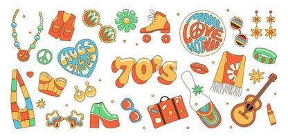 un conjunto de maravilloso elementos en el hippie estilo. aislado ilustraciones de el 60s y años 70 divertido, linda pegatinas vector