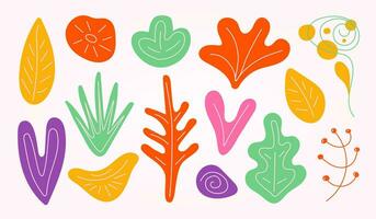 Set of abstract stylized leaves isolated on white background. Hand drawn vector element for natural design in bright color.