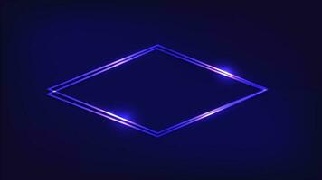 Neon double rhombus frame with shining effects on dark background. Empty glowing techno backdrop. Vector illustration.