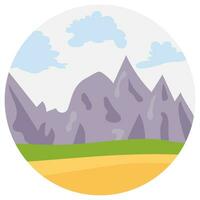 Natural cartoon landscape in circle. Vector illustration in the flat style with mountains, blue sky, clouds and hills.