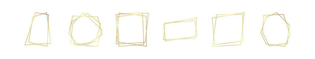 Set of six gold geometric polygonal frames with shining effects isolated on white background. Empty glowing art deco backdrop. Vector illustration.