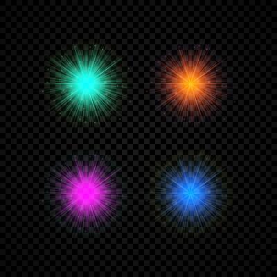 Light effect of lens flares. Set of four green, orange, purple and blue glowing lights starburst effects with sparkles
