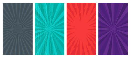 Set of four comic book pages backgrounds in pop art style with empty space. Template with rays, dots and halftone effect texture. Vector illustration