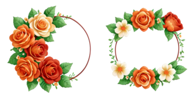 Watercolor wreaths rose flower frames on transparent background.Generative AI. png