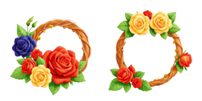 Watercolor wreaths rose flower frames on transparent background.Generative AI. png