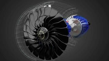 Wireframe Jet Engine Components on Grey Background video