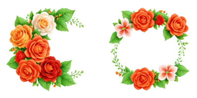 Watercolor wreaths rose flower frames on transparent background.Generative AI. png