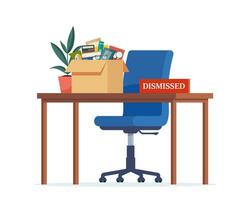 oficina lugar de trabajo y caja con oficina cosas. despedido. despedido desde trabajo. vacío oficina sillón. reclutamiento y personas administración vector concepto ilustración.