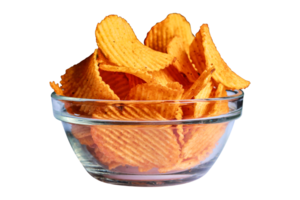 Potato chips in glass bowl isolated on a transparent background, Potato chips isolated png