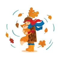 Little girl is holding a cute fox in her arms. Autumn Park. vector