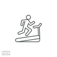 Man running on treadmill icon. Simple outline style. Run, runner, gym equipment, fitness, exercise machine, sport concept. Thin line symbol. Vector isolated on white background. Editable stroke SVG.