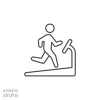 Man running on treadmill icon. Simple outline style. Run, runner, gym equipment, fitness, exercise machine, sport concept. Thin line symbol. Vector isolated on white background. Editable stroke SVG.