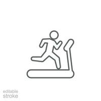 Man running on treadmill icon. Simple outline style. Run, runner, gym equipment, fitness, exercise machine, sport concept. Thin line symbol. Vector isolated on white background. Editable stroke SVG.