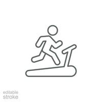 Man running on treadmill icon. Simple outline style. Run, runner, gym equipment, fitness, exercise machine, sport concept. Thin line symbol. Vector isolated on white background. Editable stroke SVG.