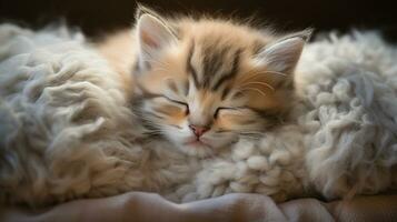 peacefully sleeping baby cat, cozy cute kitten napping, AI Generative photo