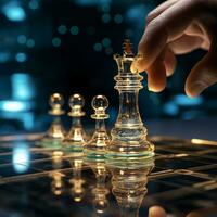 Close-up of a game of chess technology design display Business Management Performance and Financial Flows, strategy board game, problem solving, AI Generative photo