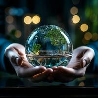 Hand holding crystal globe with greenery inside, Global worming, care for the world, environmental protection, AI Generated photo