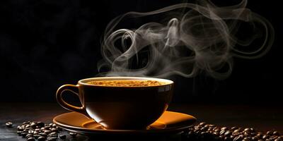 Refreshing Cup of hot Coffee on a table isolated on black background, copy space, cozy warm mood, AI Generative photo