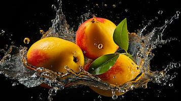 Fresh juicy mango with water splash isolated on background, healthy tropical fruit, AI Generative photo