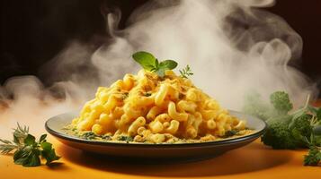 A steaming plate of hot classic Baked Homemade mac and cheese, perfectly cooked, AI Generative photo