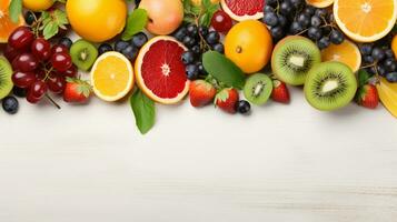 Fresh organic fruits lineup isolated on background, copy space, AI Generative photo