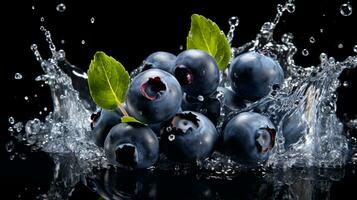 Fresh juicy Blueberry fruit with water splash isolated on background, healthy fruit, AI Generative photo