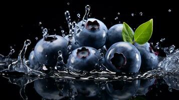 Fresh juicy Blueberry fruit with water splash isolated on background, healthy fruit, AI Generative photo