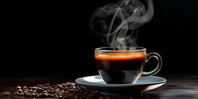 Refreshing Cup of hot Coffee on a table isolated on black background, copy space, cozy warm mood, AI Generative photo