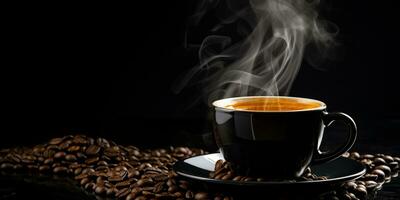 Refreshing Cup of hot Coffee on a table isolated on black background, copy space, cozy warm mood, AI Generative photo
