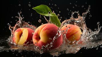 Fresh juicy peach fruit with water splash isolated on background, healthy fruit, AI Generative photo