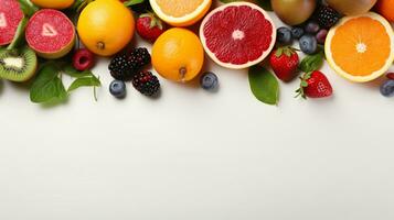 Fresh organic fruits lineup isolated on background, copy space, AI Generative photo