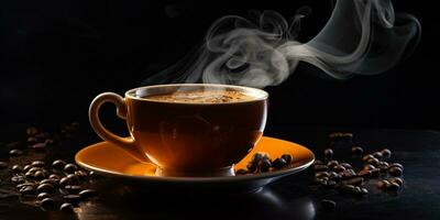 Refreshing Cup of hot Coffee on a table isolated on black background, copy space, cozy warm mood, AI Generative photo